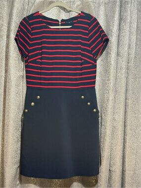 Vintage Tommy Hilfiger Nautical Sheath Navy Dress Red Stripe Bodice Gold Buttons